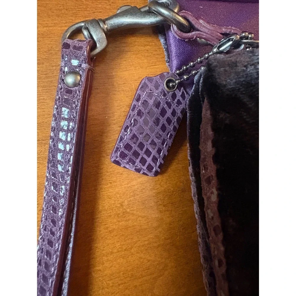 Coach Velvet Pleated Clutch Wristlet Black Purple Satin Snap Closure Evening Bag